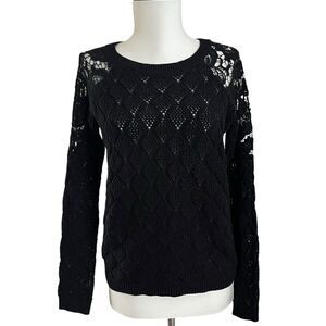 Black Lace Pointelle Pullover Sweater S Open Knit Fitted Y2K Grunge Goth
